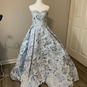 Mac Duggal Silver Floral Strapless Gown
